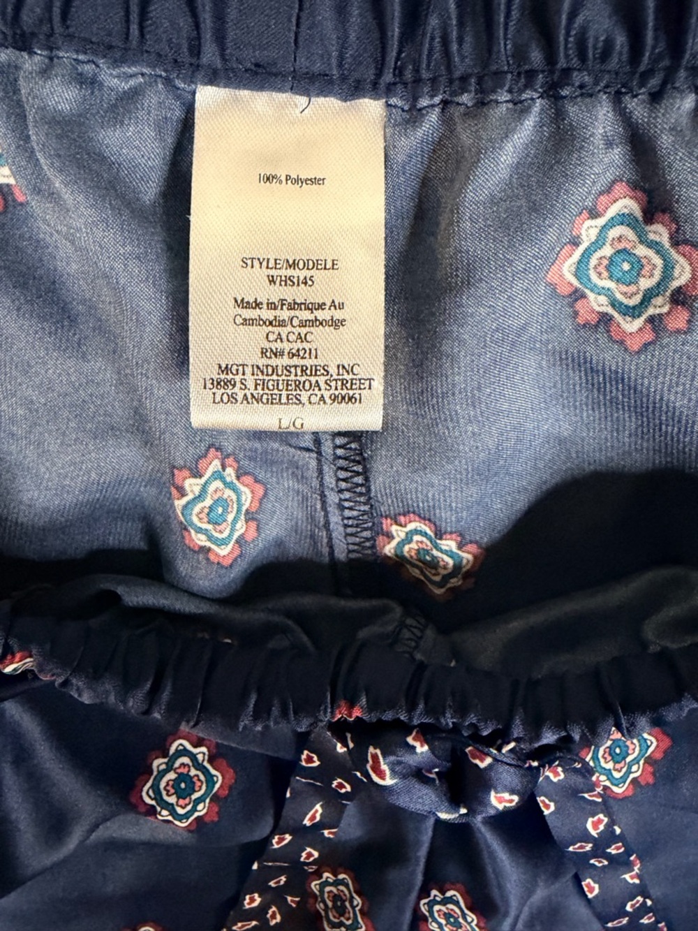 In Bloom Poly Satin Navy Two-Piece Women's Pajama Set with Printed Trim - Picture 10 of 11